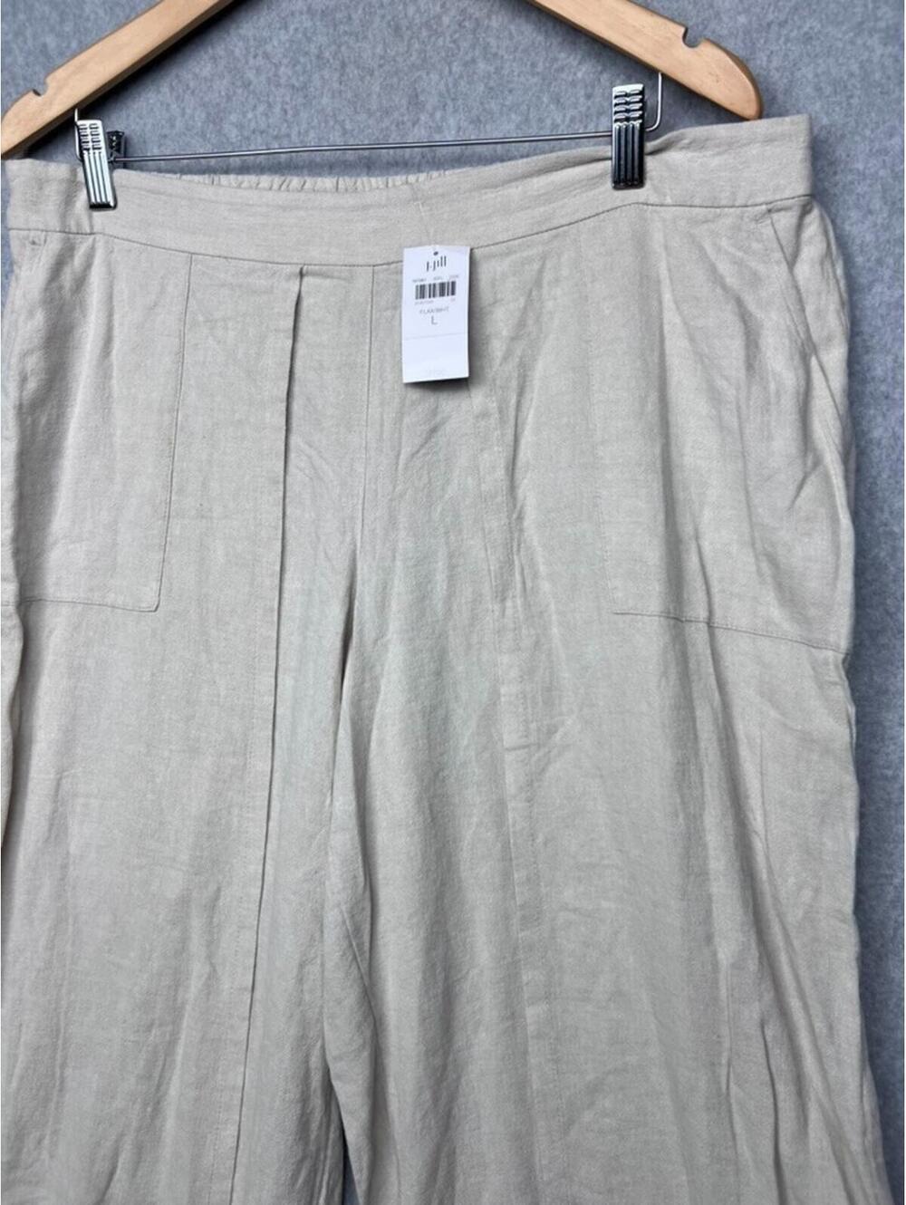 Pure Jill Linen Wide Leg Pants L Beige Striped Border Hem Crop Coastal Boho New - Picture 9 of 11